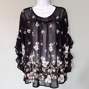 Ember Top Womens M Black Floral Sheer Ruffle Long Flutter Sleeve Romantic Fairy